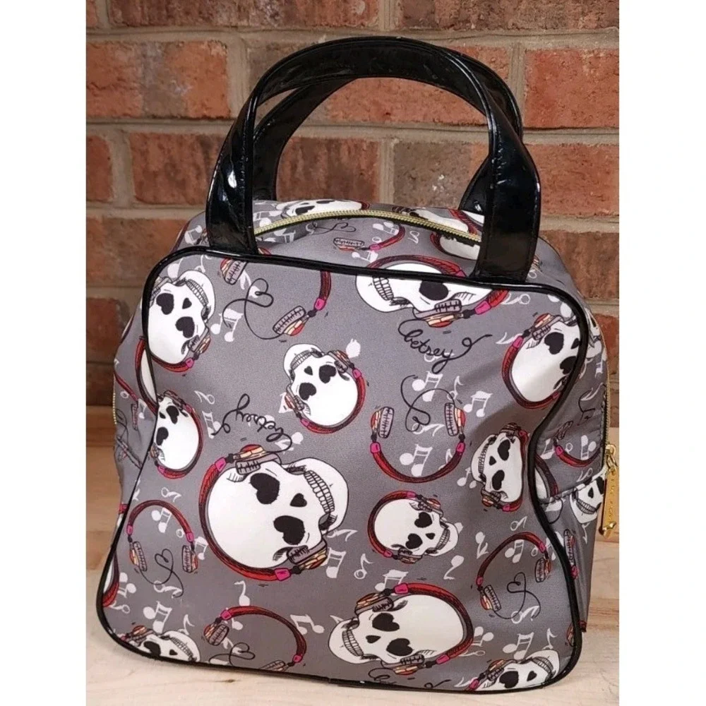 Betsey Johnson Gray Red Skull Headphones Cosmetic Travel Bag